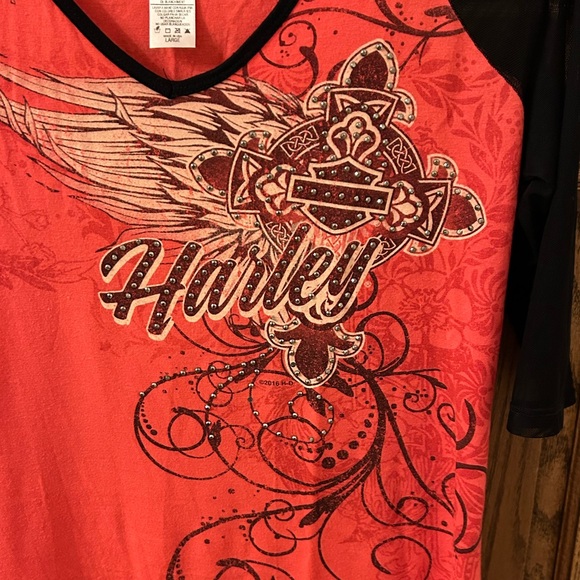 Harley-Davidson El Paso Red and Black Mesh Bejeweled Quarter Sleeve Top Large - Picture 4 of 8